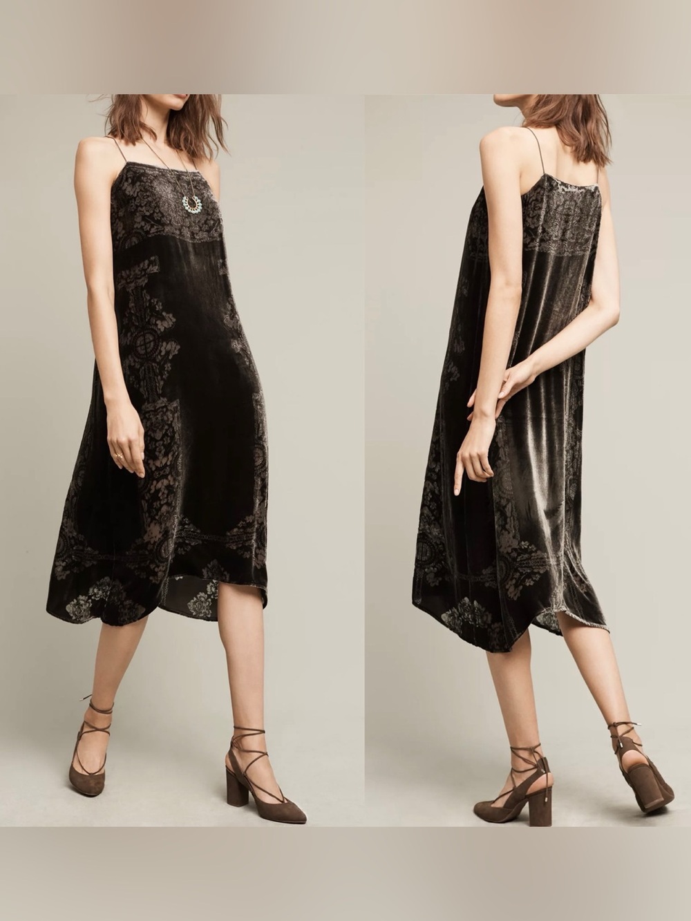 Floreat Anthropologie Olive Velvet Burnout Floral Maxi Slip Dress S